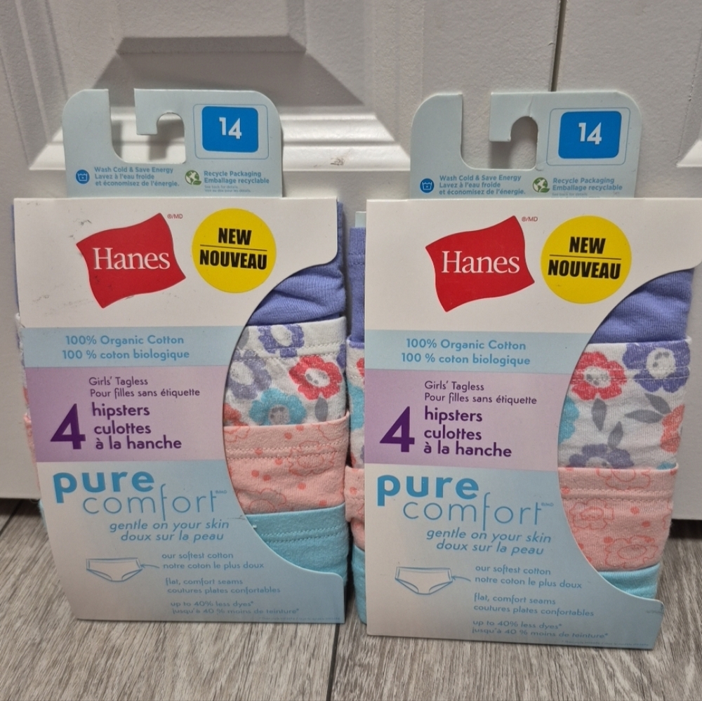 2 Packs of Hanes Girls Pure Comfort Organic Cotton 4 pairs Hipsters underwears